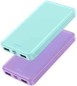 [2 Pack] Portable Charger Power Bank 10000mAh,Ultra Slim Compact External Battery Pack with USB C Input & Dual USB Outputs Backup Charger Compatible with iPhone 13,12, Samsung S20,Tablet-Green+Purple