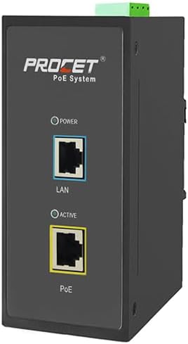 PROCET Gigabit PoE+ Injector Din Rail, 30W Industrial PoE Adapter with Wide Temp -40°F to 149°F, 6KV Surge Protection, AC/DC Input, IEEE802.3af/802.3at, PT-PSE105G-AC
