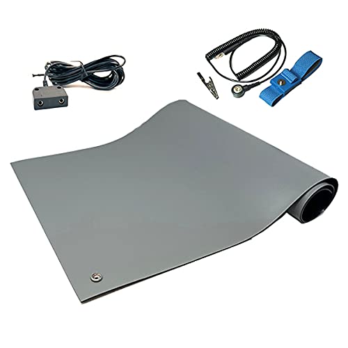 RubberStat Dual Layer ESD Compliant Workstation Rubber Table Mat Kit, Soldering, Cell Phone Repair, with Wrist Strap Set and Ground Cord - 30"x72" Grey