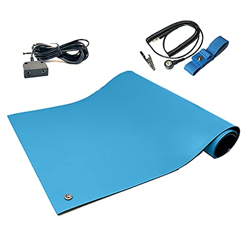 RubberStat Dual Layer ESD Compliant Workstation Rubber Table Mat Kit, Soldering, Cell Phone Repair, with Wrist Strap Set and Ground Cord - 48"x48" Blue