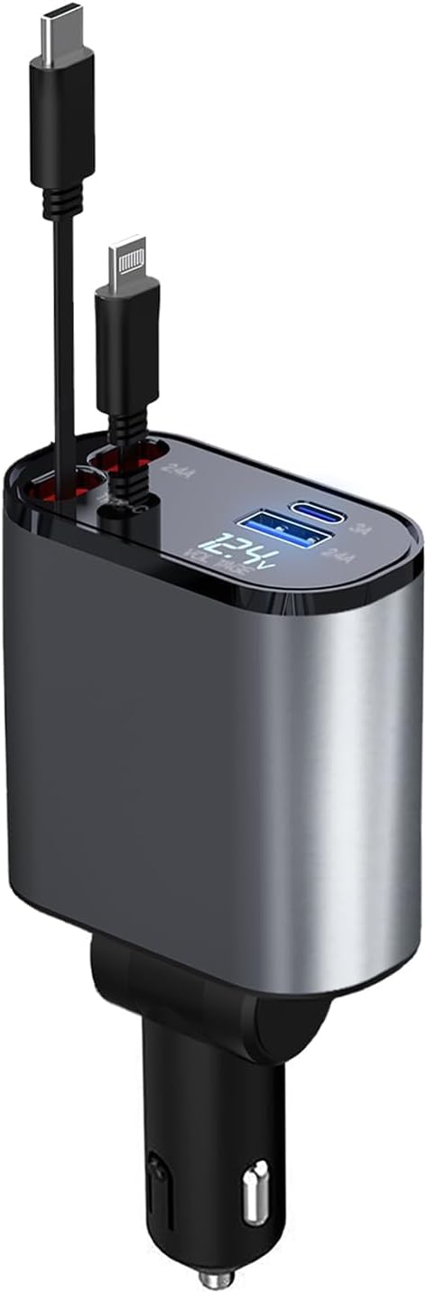 Retractable Car Charger, 66W 4 in 1 Super Fast Charging Car Phone Charger with 2 Retractable 31.5 Inch Cables and 2 USB Ports for iPhone 15/14/13/12/11, Galaxy, Pixel（S）