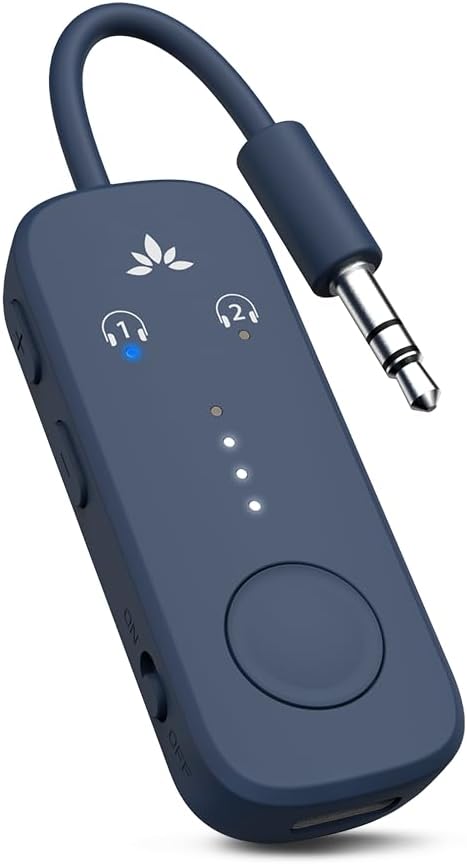 Avantree Relay - Airplane Bluetooth 5.3 Adapter with Qualcomm aptX Adaptive, Supports 2 AirPods or Headphones, 20Hr Playtime, 3.5mm AUX Wireless Audio Transmitter for Travel Flight, Airline, Gym