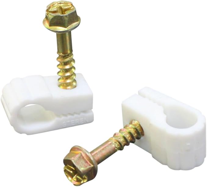 STEREN Coaxial Cable Clips - Cable Holder - Wire Clips - Siding Clips for Hanging - Cord Holder for Desk - Cable Clamps (White, 100 Count - Single Screw)