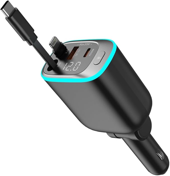 Retractable Car Charger 90W USB C Car Charger Adapter Fast Charging, Gift for Men, Car Accessories