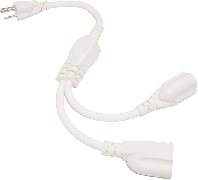 2 Way Power Splitter, 3 Prong 1 to 2 Extension Cord Splitter, 1.4' Short Extension Cord Indoor Cable Strip Outlet Saver, SJT 16AWG for Halloween Lights, Christmas Decorations, Computer, White, 1.4FT