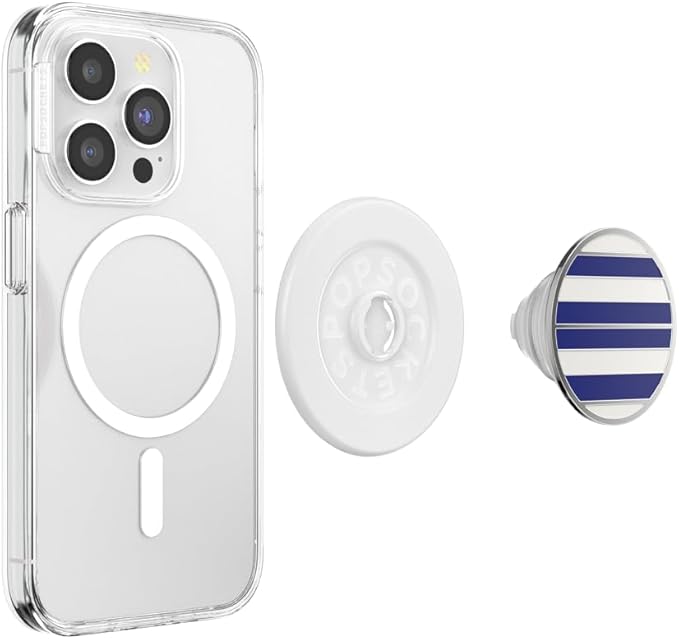 PopSockets Phone Grip for MagSafe with Kickstand, Magnetic Stand, Swappable Top, Secure Hold for iPhone MagSafe Cases, Phone & Tablet Grip - Enamel Nautical Stripe