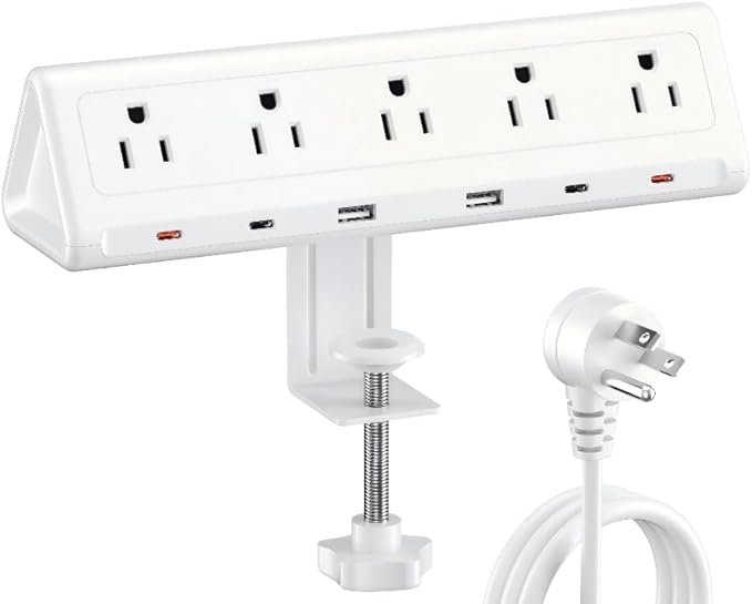 10 FT Desk Clamp Power Strip with 5 AC Outlets & 6 USB Ports PD 40W USB-C Fast Charging, 1250J Surge Protector, Fits 2.6 in top Edge White