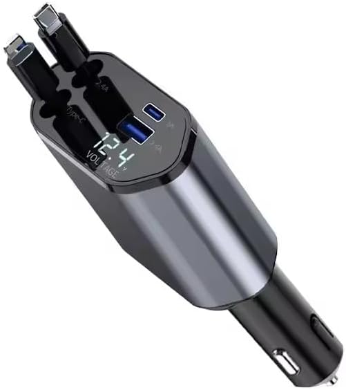 120W Retractable Car Charger 4-in-1 USB-C & Lightning Cable – Fast Charging Adapter for iPhone 16/15/14, Samsung, Android | USB Type-C Port + LED Voltage Display | Multi-Device Car Charger