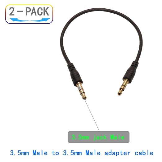 3.5mm Male to Male Audio Cable, 195mm Length, Gold-Plated Connectors, 2-Pack, Black