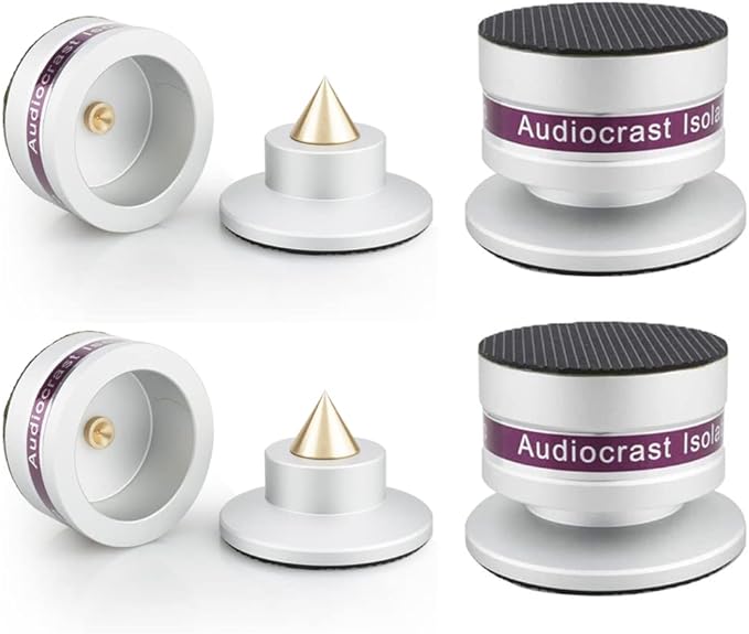 Tertullus 4 Pcs Aluminum Speaker Spike+Speaker Isolation Feet Top Pad Turntable Isolation Feet for Amplifier Speaker Turntable Player Subwoofer Silver