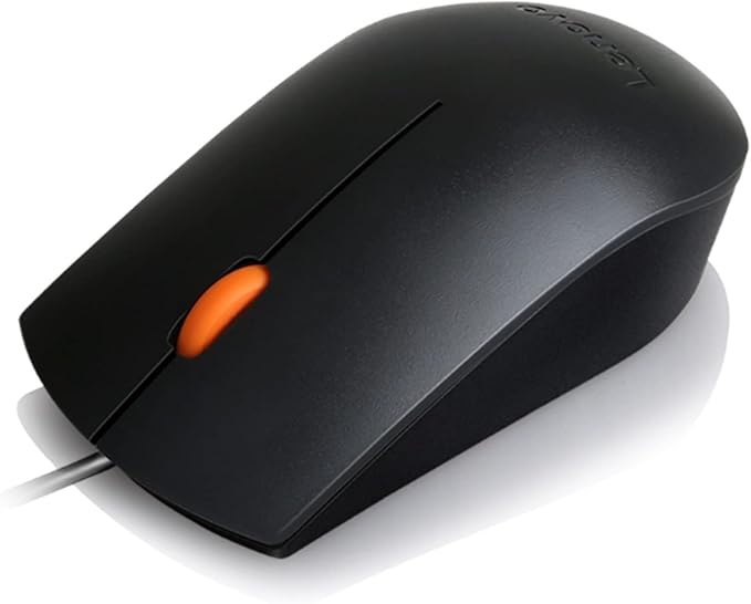 Lenovo 300 USB Wired Computer Mouse - Full Size Optical Ambidextrous Mouse with 1600 DPI, Reliable USB-A Wired Connection, Easy 3-Button Navigation – Long Lasting, Durable Basic Mouse, Black