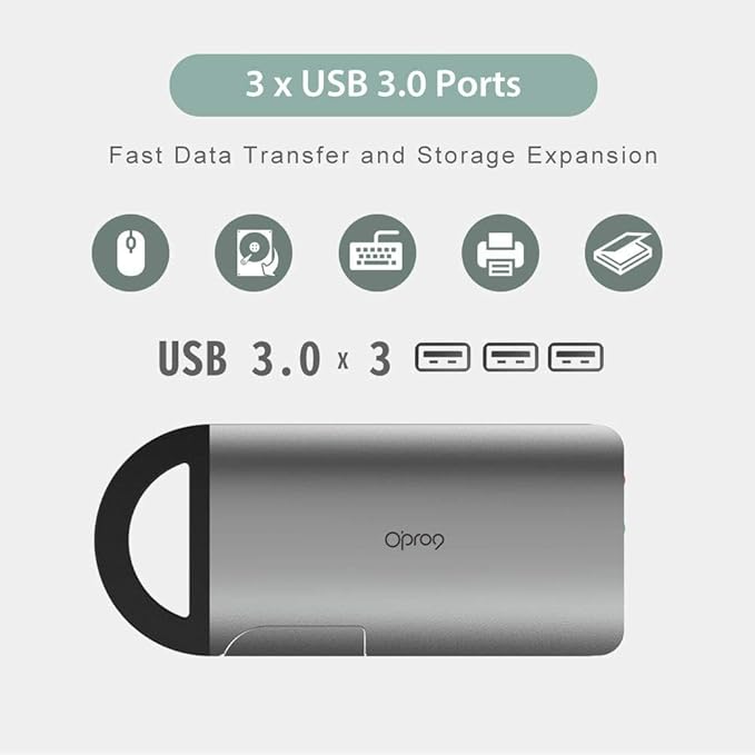 Opro9 8-in-1 USB-C Hub with 3 USB 3.0 Ports, Dual Monitor Laptop Docking Station, 4K HDMI, USB-C Power Delivery, SD/TF Card Reader & Ethernet, Portable for MacBook Pro and Other Type-C Laptops (Gray)