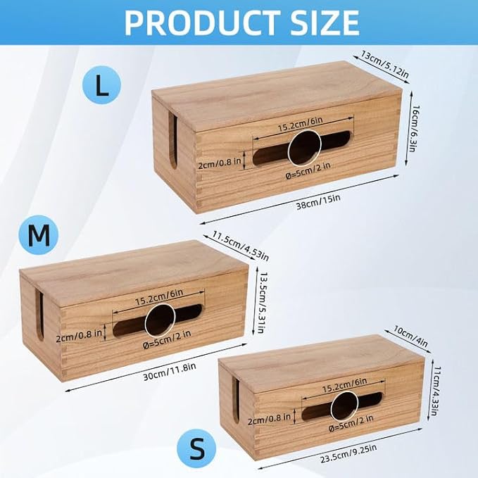 3PCS Wooden Cable Management Box Kit Wooden Cable Hider Storage Box Cord Organizer to Hide Cords & Wires for Desk Organization Protector Box for Home Office Kitchen Desk TV Computer Wires (S + M + L)