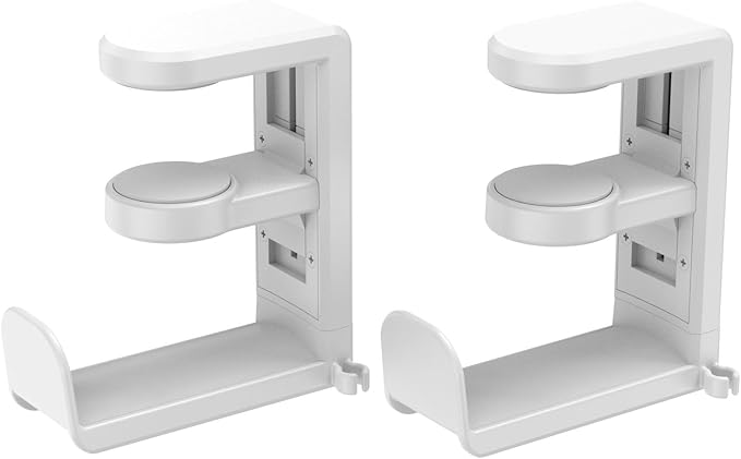 Rotating Headphone Stand - EURPMASK PC Gaming Headset Stand, Adjustable Clamp-on Headphone Holder, Headphone Hanger Hook Under Desk with 360 Degree Swivel&Cable Clip Organizer - White, 2 Pack