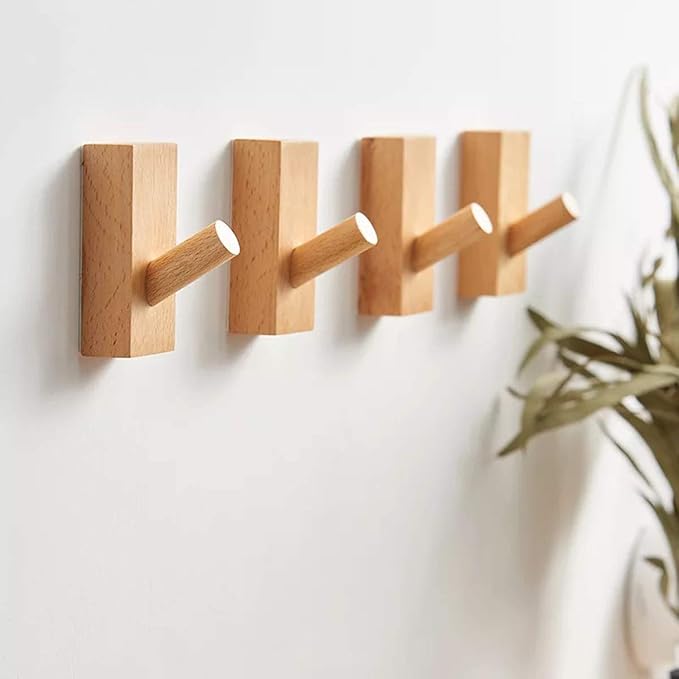 HomeDo 4Pack Adhesive Wall Hooks Hat Rack, Wooden Coat Hooks Wall Mounted, Decorative Hooks Single Organizer Hat Hanger Towel Rack, Heavy Duty Hooks (Rectangle-Beech,4P)