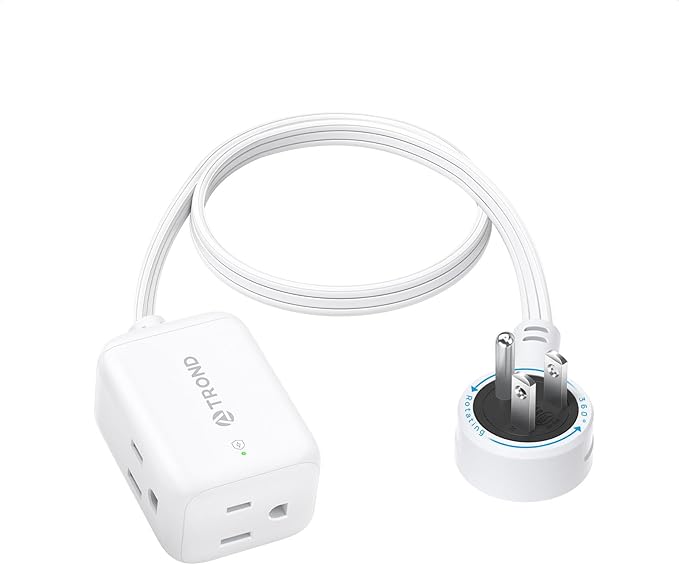 TROND 360° Rotating Flat Plug Extension Cord Surge Protector 1.5ft, Small Power Strip with 900 Joules, 3 Side Grounded Outlets, 13A, SPT 16/3 Gauge Wire for Indoor Home Office Dorm Room Travel, White
