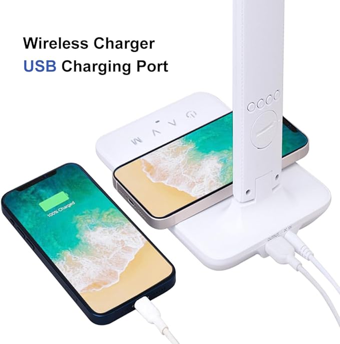 Multifunctional LED Desk Lamp with Wireless Charger,USB Charging Port,Clock,Phone Holder,Desk Lamps for Home Office,Eye-Caring Reading Lamp,Study Lamp for Boys,Girls,Teens,White