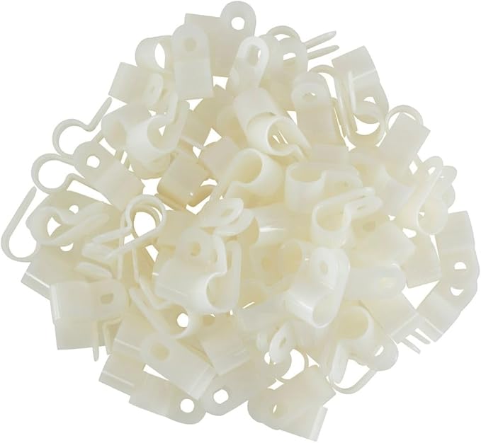 GTSE White Nylon Plastic Cable Clamps, 3/8" Screw Mounts for Cable, Rope, Tube Management, 100 Pack