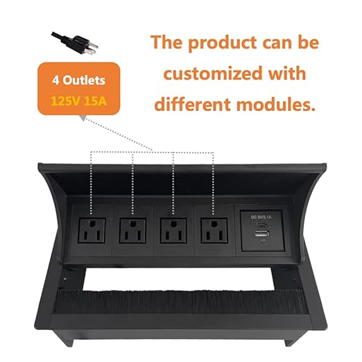 ZESHAN Brush Cable Cubby Connectivity Box Conference Table Power Box with Power Socket, USB and Type C Charger, Black