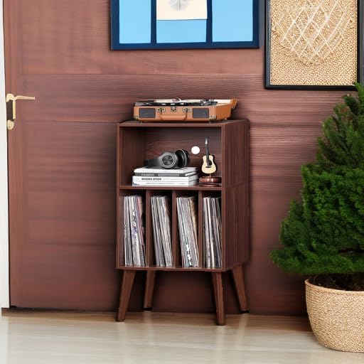 Lerliuo Record Player Stand, Walnut Turntable Stand Holds up to 160 Albums, Mid-Century Vinyl Storage Cabinet Table with Solid Wood Legs, Record Player Holder Dispaly Shelf for Bedroom Living Room