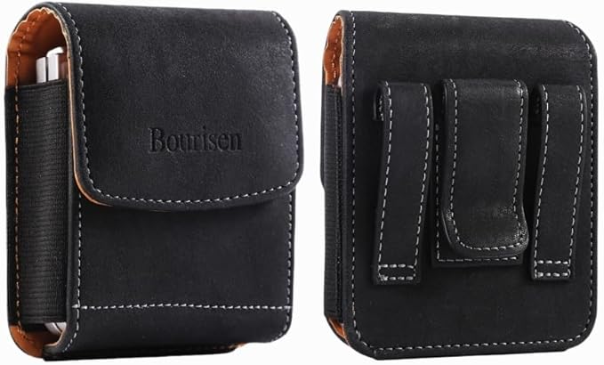 Universal Phone Holster Phone Pouch Case Belt Clip Belt Loops Card Slot Faux Leather for Man for Samsung Galaxy Z Flip 5/4/3 Motorola Razr Plus Razr+ 2023 (Black&Yellow, XS(3.7"x3.1"x1.1"))