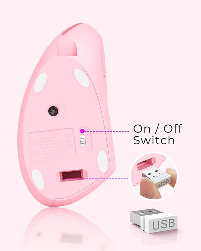 Lekvey Ergonomic Mouse, Vertical Wireless Mouse, Rechargeable 2.4 GHz USB Optical Carpal Tunnel Mice : 800/1200 / 1600 DPI, 6 Buttons, for Laptop, PC, Computer, Desktop, Notebook etc, Pink