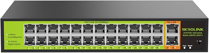 POE Switch with 24 Port POE + 2 Gigabit Uplink,802.3af/at PoE+ 100Mbps, 400W Built-in Power,Unmanaged, Extend to 250M for Security Camera System, AP, IP Phone.