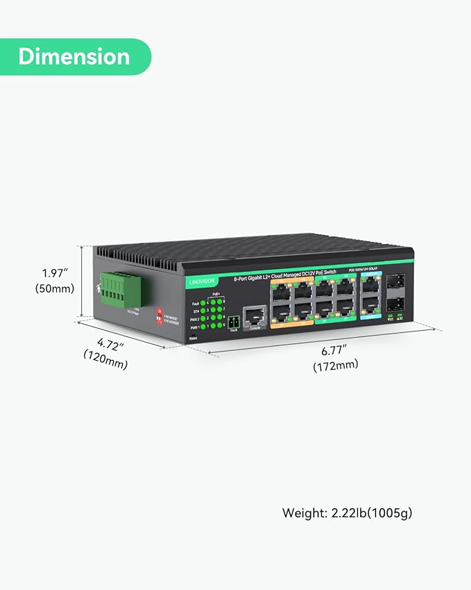 LINOVISION Industrial 12 Ports L2+ Cloud Managed PoE Switch with DC8~57V Redundant Power Input, Full Gigabit Solar PoE Switch, 12V PoE Switch with Relay Alarm, IEEE802.3af/at, Total PoE Budget 240W
