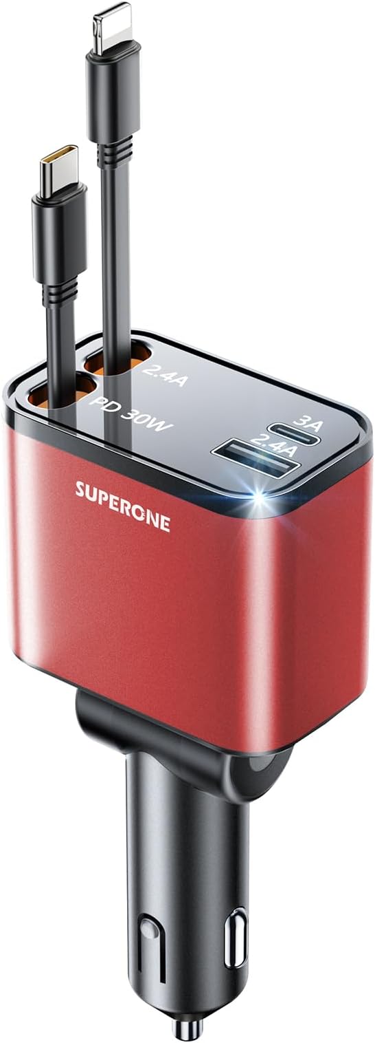 [2024 Upgraded] 4 in 1 Retractable Car Charger, SUPERONE Smaller Fast Car Phone Charger 69W with Cord, USB C and iPhone Car Charger Adapter, Compatible iPhone 15/15 Pro Max/14/13/12/11, Sumsung