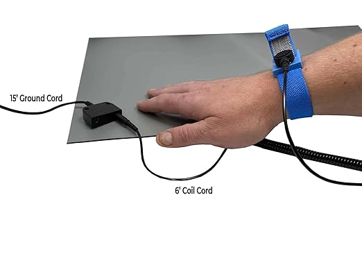 RubberStat Dual Layer ESD Compliant Workstation Rubber Table Mat Kit, Soldering, Cell Phone Repair, with Wrist Strap Set and Ground Cord - 36"x48" Grey
