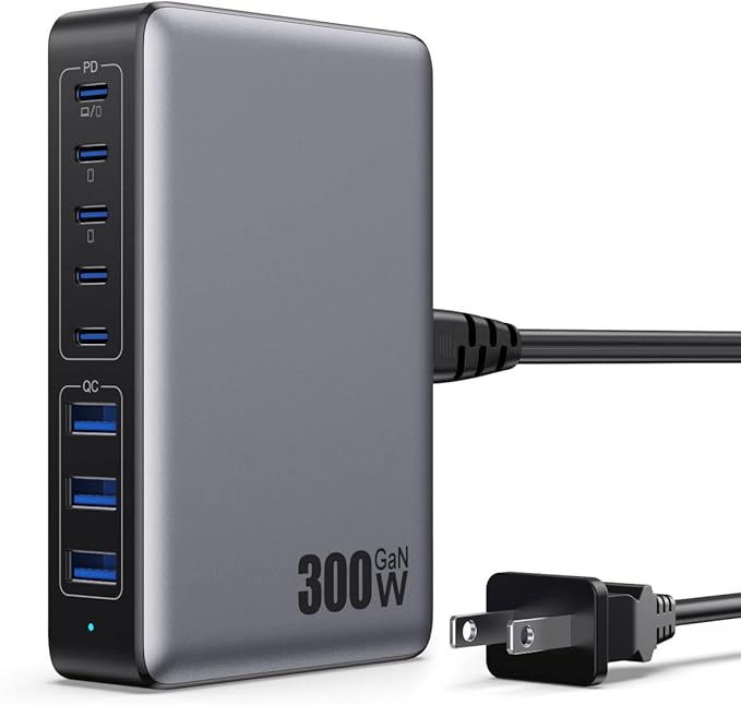 USB C Charger 300W USB C Charger Block, 8-Ports GaN IV Fast Charging Station Hub, Dual PD 100W Laptop Charger Adapter,for MacBook Pro/Air/iPad/iPhone16/15/14/Apple Watch/DELL/Samsung for Home Office