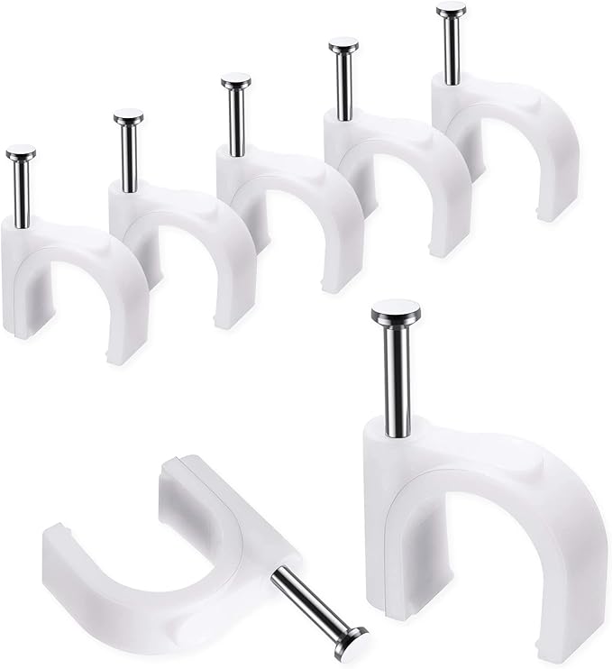 Cable Clips, 100 Pcs, 10mm, Wire Wall Clips with Steel Nails, Cable Management Organizer Clips, Cable Tacks Coax Holder Clips, RG6 RG59 CAT6 RJ45 Cable Cord Clips, White