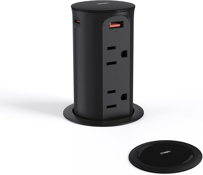 Pop up Outlet for Countertop,65W USB C Fast Charging Port,2.5-inch Hole Desktop Power Grommet,Recessed Power Strip,4 Outlets 4 USB Ports,15Amp Tamper Resistant Receptacle，ETL Listed (Black)