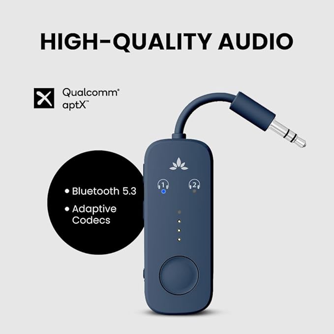 Avantree Relay - Airplane Bluetooth 5.3 Adapter with Qualcomm aptX Adaptive, Supports 2 AirPods or Headphones, 20Hr Playtime, 3.5mm AUX Wireless Audio Transmitter for Travel Flight, Airline, Gym