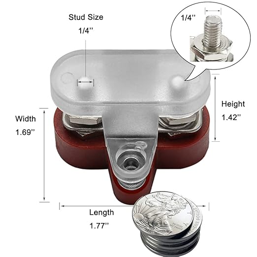 Heart Horse Bus Bar Terminal Block 1/4'' Power Stud Battery Junction Post Distribution Block Insulated with Cover DC 48V 300A for Auto Truck RV Boat (1/4'',Red+Black)