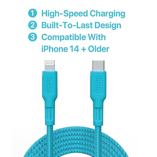 BLACK+DECKER USB C to Lightning Cable - Fast Compatible iPhone Lightning Cable - Durable Braided Type C iPhone Charger Cord - for Travel and Daily Use - Multiple Colors and Lengths - 9ft