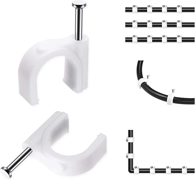 Cable Clips, 100 Pcs, 8mm, Wire Wall Clips with Steel Nails, Cable Management Organizer Clips, Cable Tacks Coax Holder Clips, RG6 RG59 CAT6 RJ45 Cable Cord Clips, White