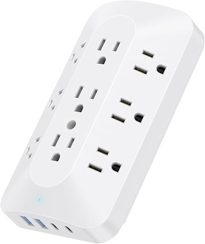 Wall Outlet Extender, 9 Outlet Splitter with 4 USB Ports (2 USB C), Multi Plug Wall Outlet Expander, 3-Sided Wall Charger Power Strip for Home, Office, Dorm, White