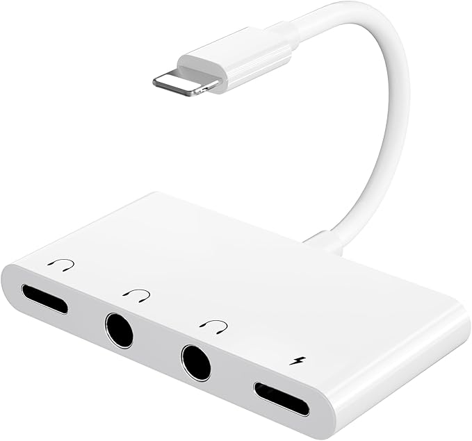 4 in 1 Headphone Splitter, iPhone Headphone Adapter + Dual 3.5mm Headphone Jack Adapter + Charging Port for iPhone 14 13 12 11 X 8 7