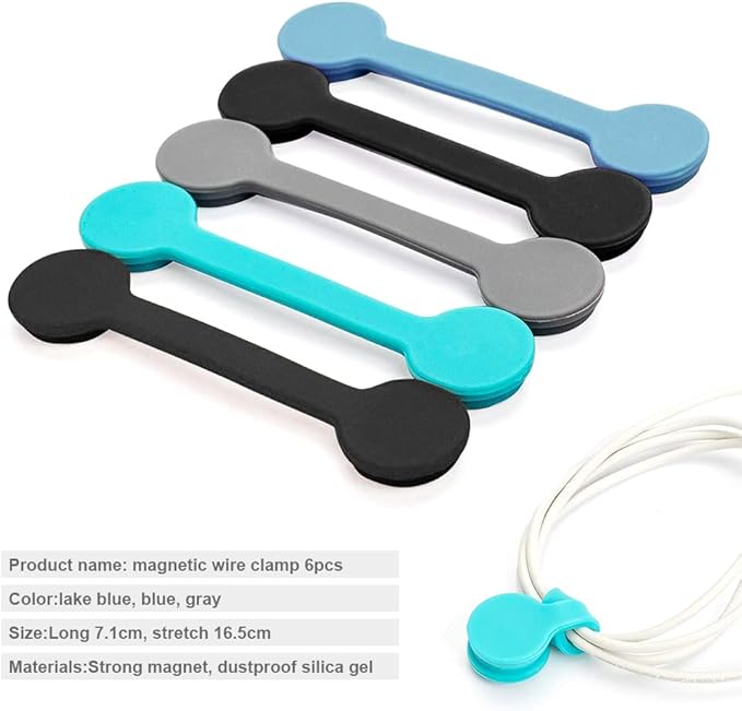 Viaky 6 Packs Magnet Wire Winder Straps, Multi-Colored Noticeboard Fridge Clips Silicone Cable Organizer Reusable Tie Phone Earbuds Bookmark Whiteboard Fridge (Lake Blue, Blue, Gray)