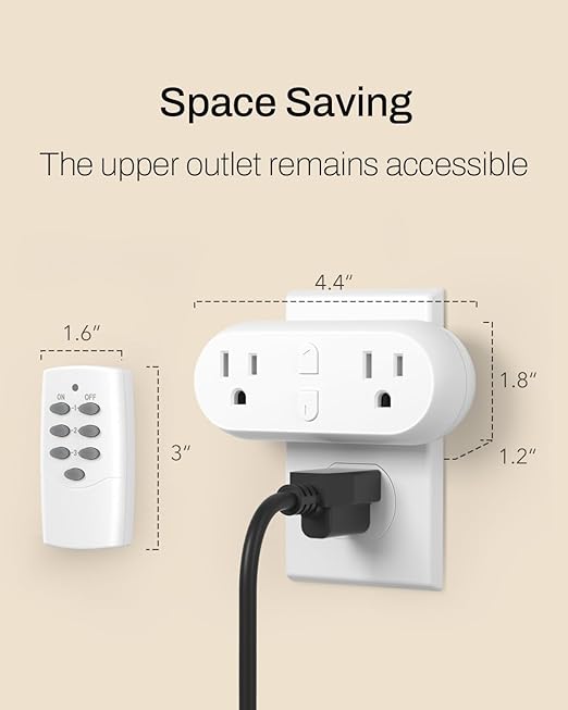 HBN Wireless Remote Control Outlet with 2 Individual Switch Control, Compact Design Sockets Plug Up to 100ft Remote Range, Battery Included, 15A/1875W, ETL Certified