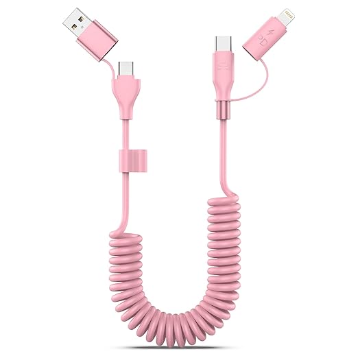 Coiled USB-C and Lightning Cable 2-in-1, 3FT Pink iPhone 15 16 Car Charger Cord, 60W Fast Charging Cable for iPhone 17, Samsung Galaxy, Cute Pink Car Accessories Supports Apple CarPlay & Android Auto