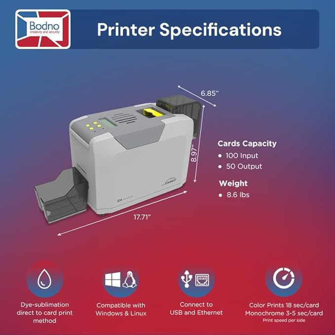 Bodno Seaory S26 Single Sided ID Card Printer & Complete Supplies Package ID Software and Camera - Gold Edition