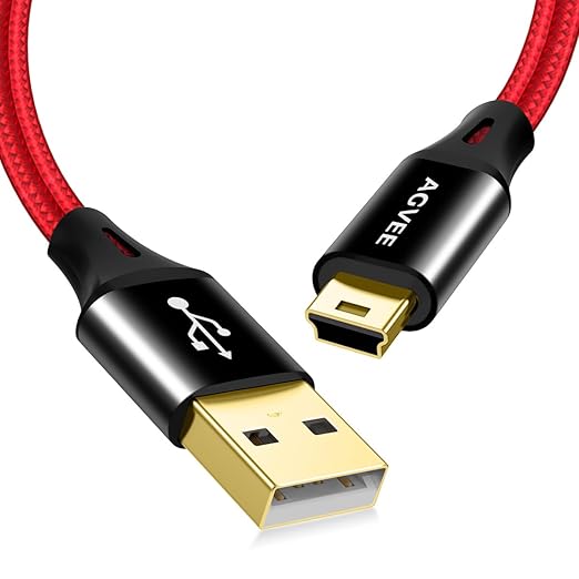 AGVEE 6.6ft Mini USB Cable, Braided Durable USB-A to Mini-B Charger Charging Cord for TI-84, Garmin GPS, Go-Pro Hero 4 3 2 HD, PS3 Controller, Canon Camera, Blue Yeti Microphone, Red