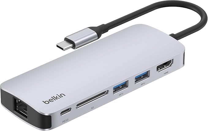 Belkin USB-C Hub - 6-in-1 Multi-Port Adapter Dock with 4K HDMI, USB-C 100W PD Pass-Through Charging, 2X USB-A Ports, Gigabit Ethernet Ports, and SD Slot for MacBook Pro, Air, iPad, Pro, XPS and More