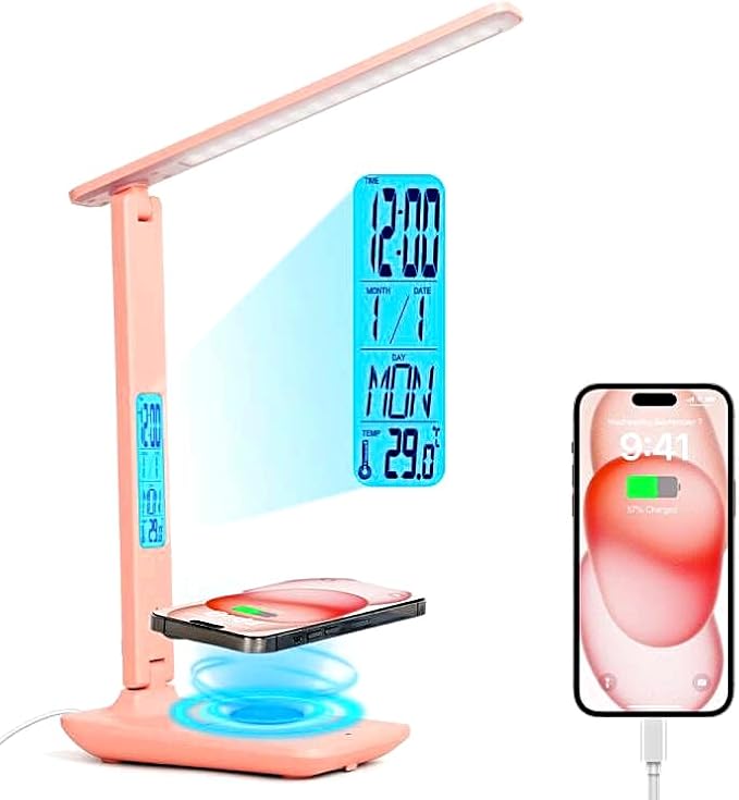 Multifunctional LED Desk Lamp with Wireless Charger,USB Charging Port,Clock,Phone Holder,Desk Lamps for Home Office,Eye-Caring Reading Lamp,Study Lamp for Boys,Girls,Teens,Pink