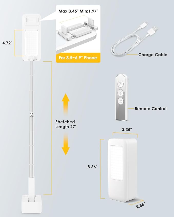 Phone Stand for Recording, Overhead Phone Mount with Light, Selfie Stand,Portable,Extendable,360° Rotate,Adjustable,Wireless Remote,Rechargeable, for 3.5-6.9" Phones, Live Streaming, White