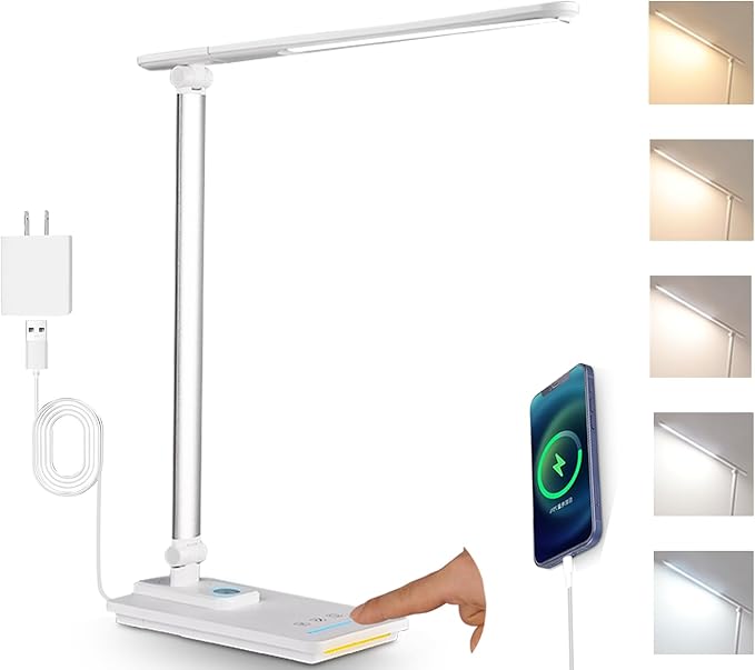 TECHNOVA LED Desk Lamp with 5 Color Temperatures | Sliding Stepless Dimming & One-Touch Timer | Foldable & Portable Design for Office/Study/Nail Art | USB Charging & Four-Axis Rotation for Small Desks