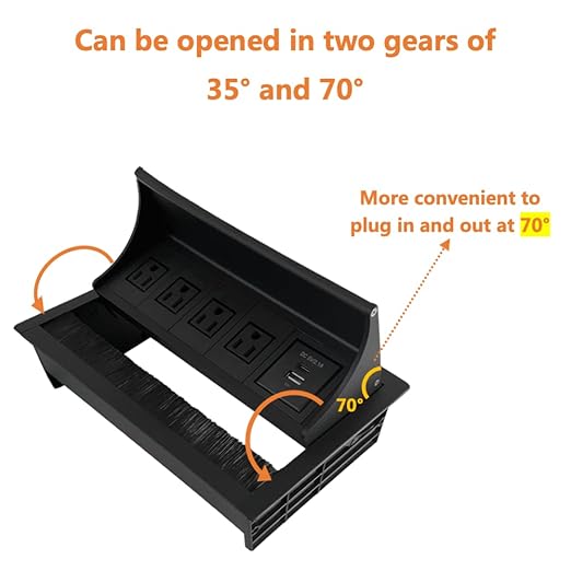 ZESHAN Brush Cable Cubby Connectivity Box Conference Table Power Box with Power Socket, USB and Type C Charger, Black