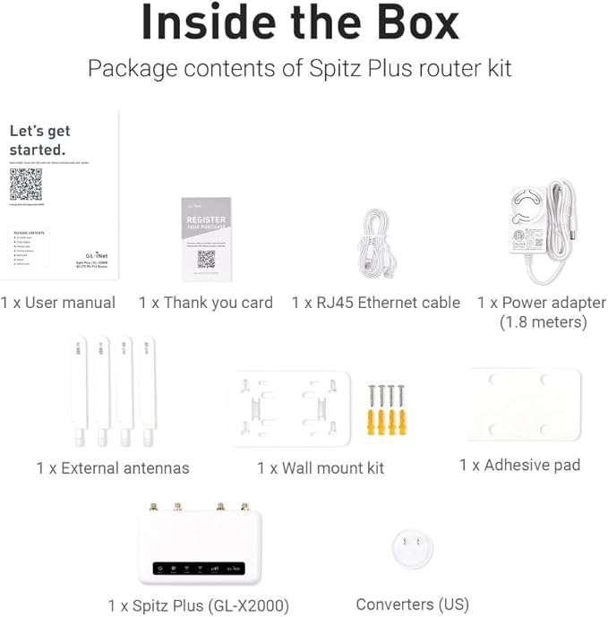 GL-X2000(Spitz Plus) Cellular Gateway 4G LTE Router for Home, RV, Road trips, Offices, CAT 12, Wifi 6 Router, Detachable Antennas, Dual-SIM, T-Mobile & AT&T IoT Certified, OpenVPN, WireGuard (NA Only)